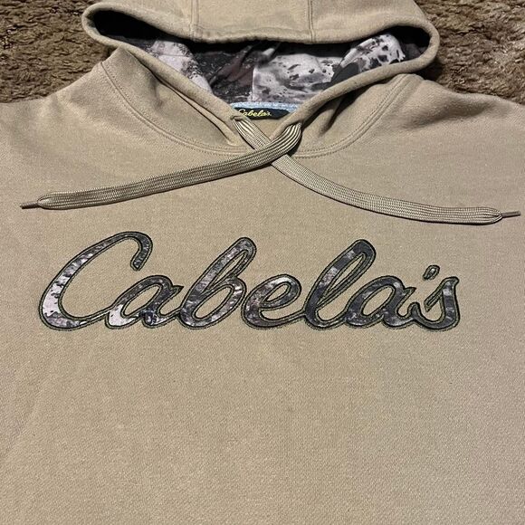 Cabela's Camo Logo Hoodie Beige Mens Large Pullover Sweatshirt Fleece Hunting - Picture 3 of 5
